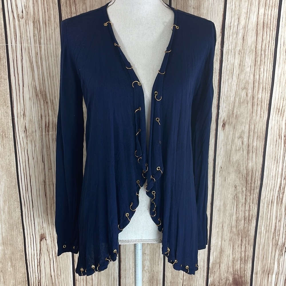 Fontana Navy Blue Open Front Cardigan w/Metal Eyelit & Ring Accents Small NWT - Picture 2 of 9